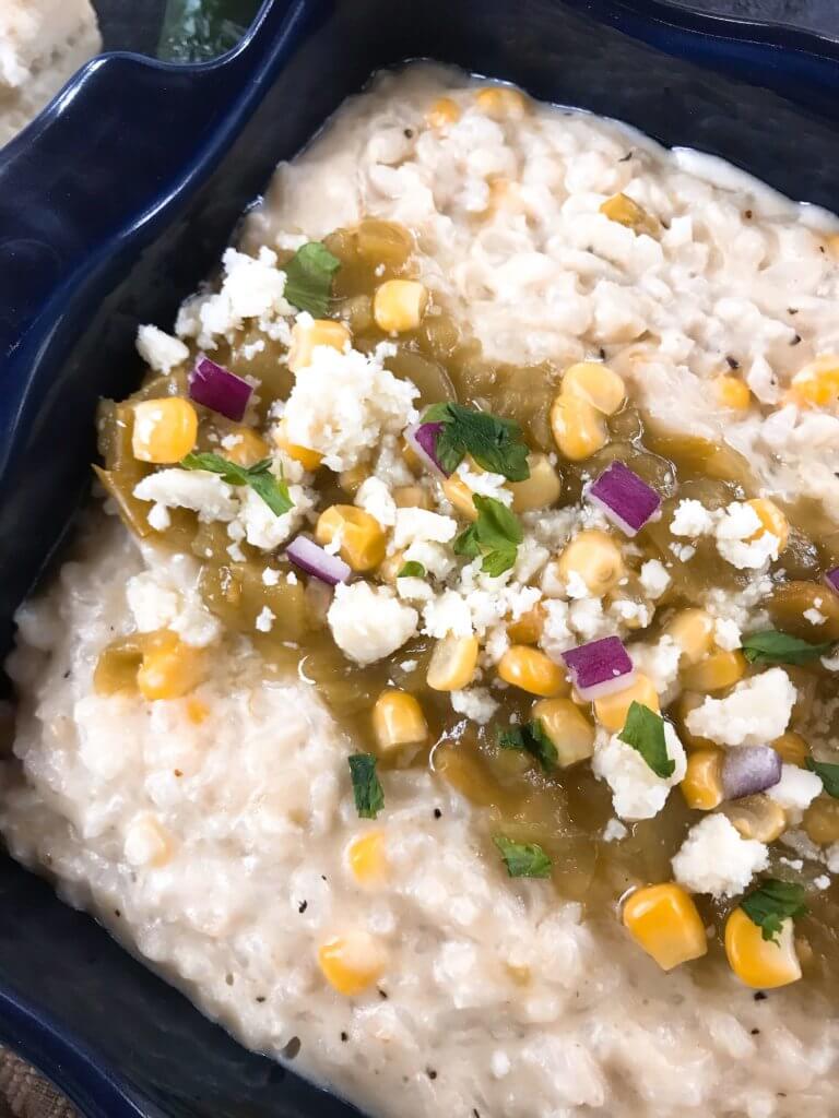 Mexican Italian fusion recipe. Cheesy Green Chile Risotto featuring Hatch chile peppers and three cheeses. Vegetarian and gluten free. #risotto #greenchile #italianrecipes #comfortfood