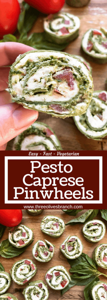 Fast and simple party appetizer recipe. Vegetarian Caprese Pesto Pinwheels Roll Ups are made of cream cheese, mozzarella, Parmesan, basil pesto, and tomatoes rolled in a flour tortilla. Easy finger food for entertaining or game day. #basilpesto #caprese #pinwheels #appetizers 