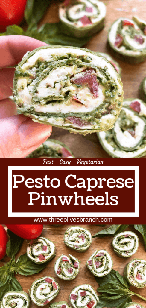 Fast and simple party appetizer recipe. Vegetarian Caprese Pesto Pinwheels Roll Ups are made of cream cheese, mozzarella, Parmesan, basil pesto, and tomatoes rolled in a flour tortilla. Easy finger food for entertaining or game day. #basilpesto #caprese #pinwheels #appetizers 