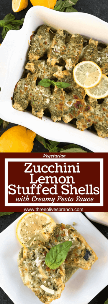 Fresh and bright flavors in a classic Italian dinner recipe. Zucchini Lemon Stuffed Shells with Creamy Pesto Sauce are stuffed with zucchini, lemon, ricotta, and Parmesan cheese. Topped with creamy basil pesto sauce. Vegetarian. #italianrecipes #stuffedshells #zucchinirecipes #pesto