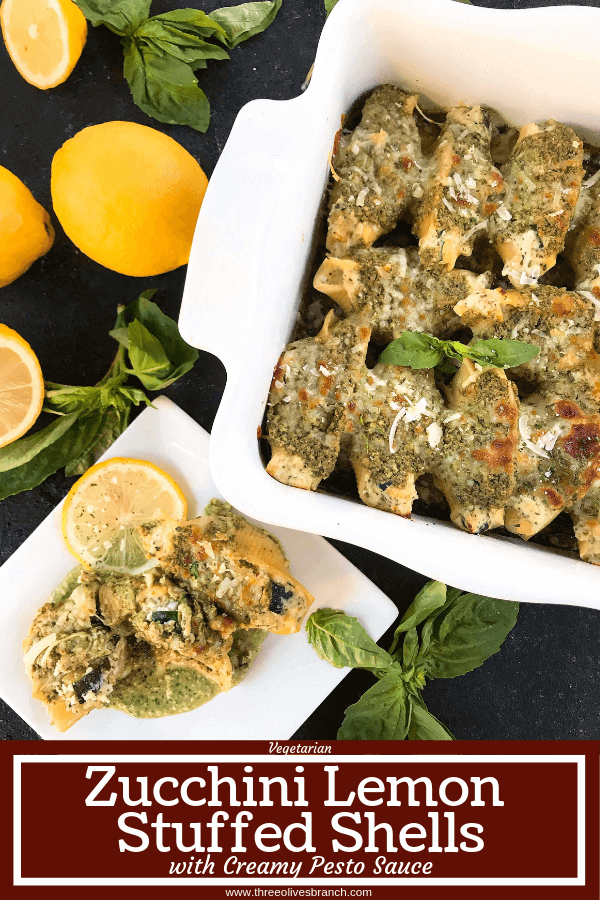 Fresh and bright flavors in a classic Italian dinner recipe. Zucchini Lemon Stuffed Shells with Creamy Pesto Sauce are stuffed with zucchini, lemon, ricotta, and Parmesan cheese. Topped with creamy basil pesto sauce. Vegetarian. #italianrecipes #stuffedshells #zucchinirecipes #pesto