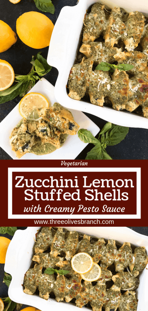 Fresh and bright flavors in a classic Italian dinner recipe. Zucchini Lemon Stuffed Shells with Creamy Pesto Sauce are stuffed with zucchini, lemon, ricotta, and Parmesan cheese. Topped with creamy basil pesto sauce. Vegetarian. #italianrecipes #stuffedshells #zucchinirecipes #pesto