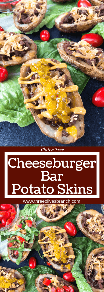 Cheeseburger Potato Skin Bar is a fun game day or party entertaining finger food recipe. Let guests build their own favorite American cheeseburger flavor with all the toppings. Gluten free. #potatoskins #cheeseburger #hamburger