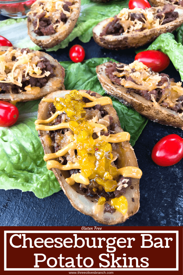 Cheeseburger Potato Skin Bar is a fun game day or party entertaining finger food recipe. Let guests build their own favorite American cheeseburger flavor with all the toppings. Gluten free. #potatoskins #cheeseburger #hamburger