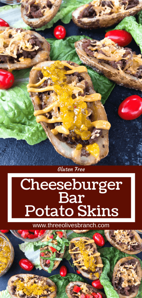 Cheeseburger Potato Skin Bar is a fun game day or party entertaining finger food recipe. Let guests build their own favorite American cheeseburger flavor with all the toppings. Gluten free. #potatoskins #cheeseburger #hamburger