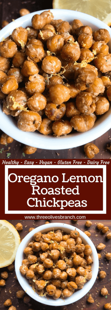 Simple and easy Oregano Lemon Roasted Chickpeas recipe. Healthy vegan, vegetarian, gluten free, dairy free snack or appetizer. Garbanzo beans with lemon, oregano, and garlic powder. Great on their own or on a salad! #roastedchickpeas #vegansnack #glutenfreerecipe