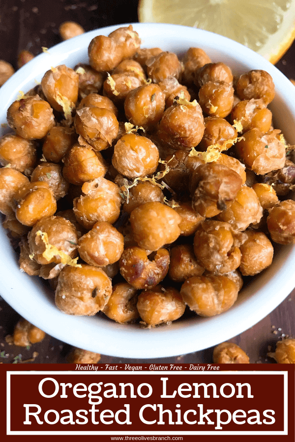 Simple and easy Oregano Lemon Roasted Chickpeas recipe. Healthy vegan, vegetarian, gluten free, dairy free snack or appetizer. Garbanzo beans with lemon, oregano, and garlic powder. Great on their own or on a salad! #roastedchickpeas #vegansnack #glutenfreerecipe