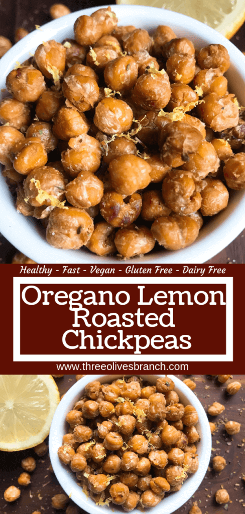 Simple and easy Oregano Lemon Roasted Chickpeas recipe. Healthy vegan, vegetarian, gluten free, dairy free snack or appetizer. Garbanzo beans with lemon, oregano, and garlic powder. Great on their own or on a salad! #roastedchickpeas #vegansnack #glutenfreerecipe