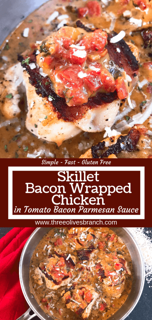 Skillet Bacon Wrapped Chicken in Tomato Bacon Parmesan Sauce is a gluten free one pot easy dinner. Make extra creamy cheese sauce to spoon over vegetables, potatoes, or rice. Quick and simple meal. #chickendinner #baconchicken #onepotrecipe