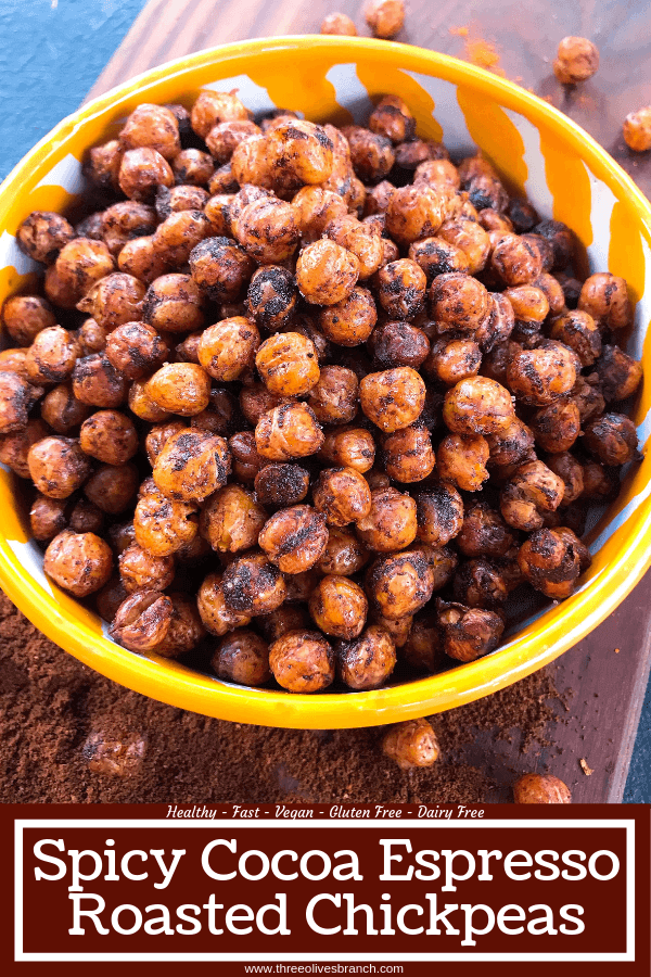 A healthy, vegan, dairy free, gluten free snack or party appetizer recipe. Healthy game day recipe. Simple and easy to make, Spicy Cocoa Espresso Roasted Chickpeas are coated in cayenne pepper, cocoa and coffee. #fingerfood #gamedayrecipes #healthysnacks