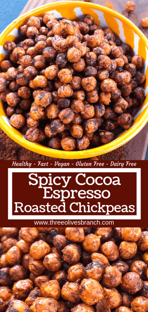 A healthy, vegan, dairy free, gluten free snack or party appetizer recipe. Healthy game day recipe. Simple and easy to make, Spicy Cocoa Espresso Roasted Chickpeas are coated in cayenne pepper, cocoa and coffee. #fingerfood #gamedayrecipes #healthysnacks