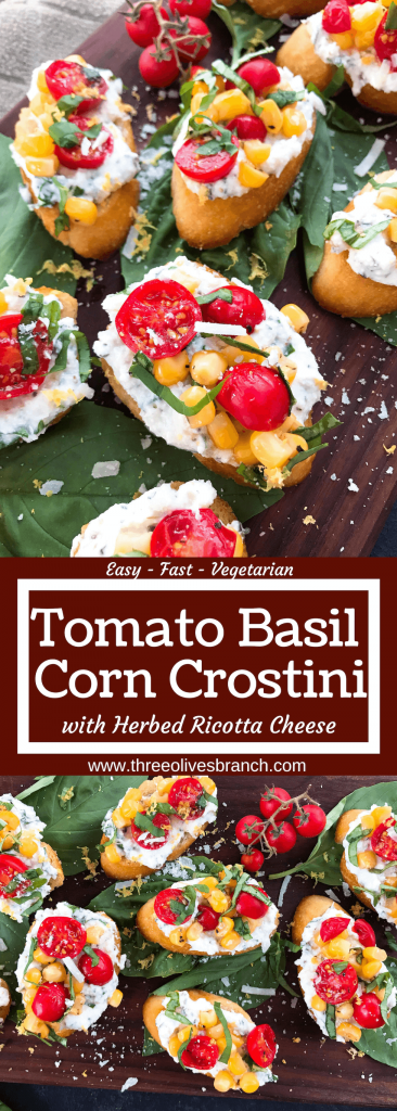 Fresh cherry tomatoes, basil, and corn are mixed with lemon. Ricotta and Parmesan cheese are mixed with lemon and herbs then layered on toasted bread slices. Tomato Corn Basil Crostini with Herbed Ricotta Cheese are vegetarian and perfect party and summer entertaining food. #fingerfood #summerappetizer #crostini