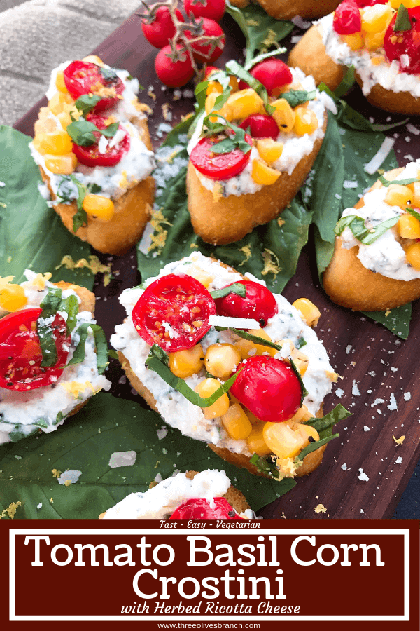 Fresh cherry tomatoes, basil, and corn are mixed with lemon. Ricotta and Parmesan cheese are mixed with lemon and herbs then layered on toasted bread slices. Tomato Corn Basil Crostini with Herbed Ricotta Cheese are vegetarian and perfect party and summer entertaining food. #fingerfood #summerappetizer #crostini
