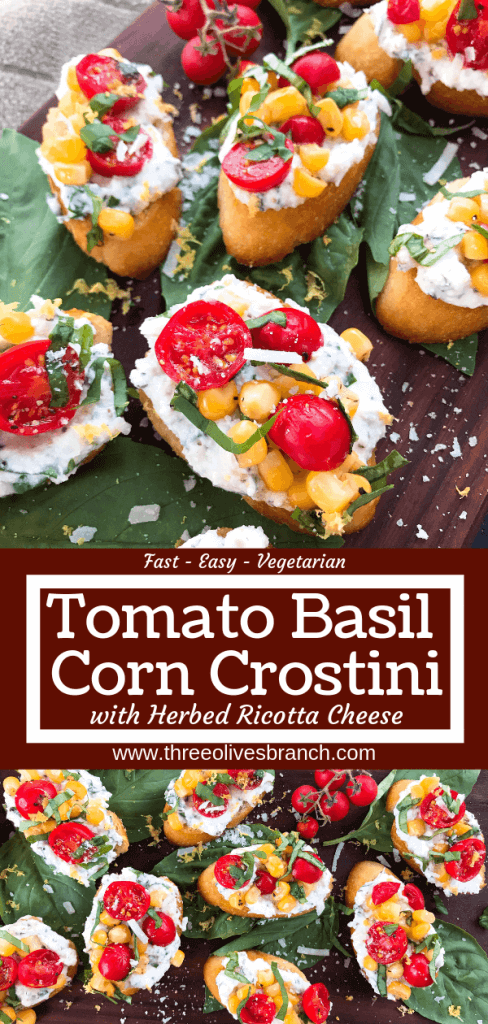 Fresh cherry tomatoes, basil, and corn are mixed with lemon. Ricotta and Parmesan cheese are mixed with lemon and herbs then layered on toasted bread slices. Tomato Corn Basil Crostini with Herbed Ricotta Cheese are vegetarian and perfect party and summer entertaining food. #fingerfood #summerappetizer #crostini