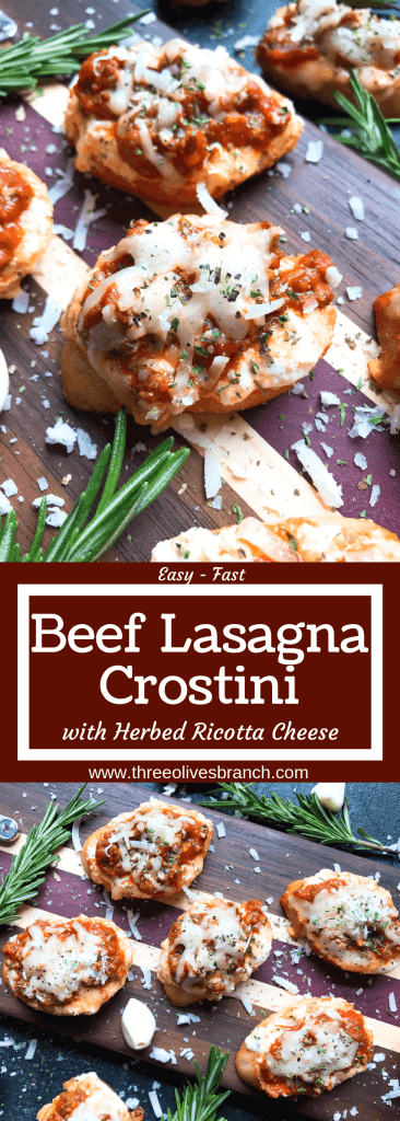 Quick and simple Simple Beef Lasagna Crostini are ready in less than 30 minutes. Ground beef is mixed in marinara and layered with three cheeses on bite sized appetizer toasts. Ricotta, mozzarella, and Parmesan cheeses make this a great entertaining or party food for game day and holidays. #lasagna #beefappetizer #partyfood