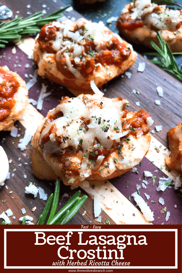 Quick and simple Simple Beef Lasagna Crostini are ready in less than 30 minutes. Ground beef is mixed in marinara and layered with three cheeses on bite sized appetizer toasts. Ricotta, mozzarella, and Parmesan cheeses make this a great entertaining or party food for game day and holidays. #lasagna #beefappetizer #partyfood