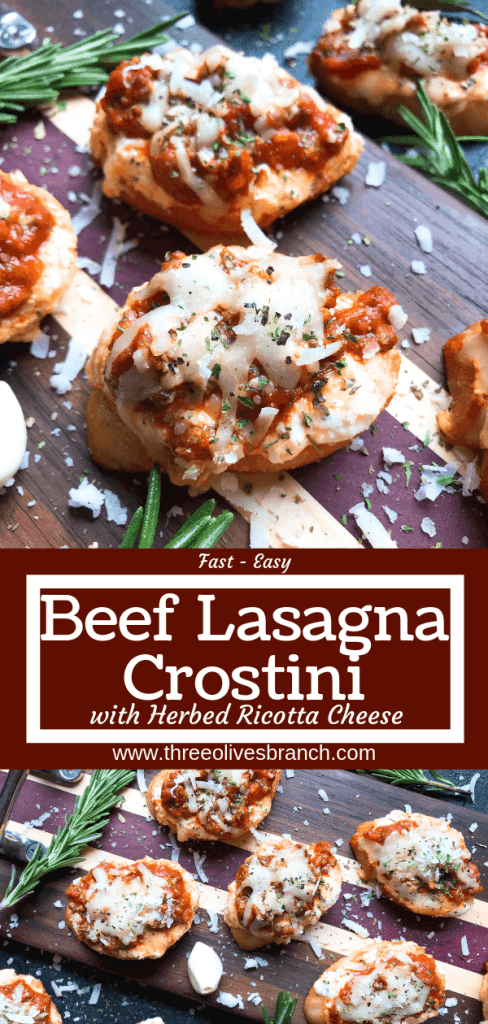 Quick and simple Simple Beef Lasagna Crostini are ready in less than 30 minutes. Ground beef is mixed in marinara and layered with three cheeses on bite sized appetizer toasts. Ricotta, mozzarella, and Parmesan cheeses make this a great entertaining or party food for game day and holidays. #lasagna #beefappetizer #partyfood