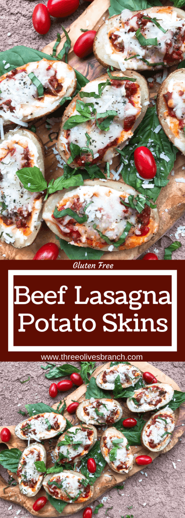 Beef lasagna potato skins recipe with ricotta, Parmesan, and mozzarella cheeses layered with marinara sauce and ground beef in a potato skin shell. Gluten free. #italianrecipe #potatoskins #beeflasagna #glutenfreerecipes