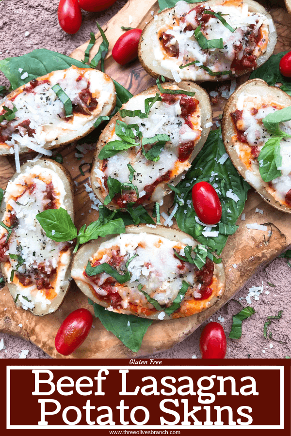 Beef lasagna potato skins recipe with ricotta, Parmesan, and mozzarella cheeses layered with marinara sauce and ground beef in a potato skin shell. Gluten free. #italianrecipe #potatoskins #beeflasagna #glutenfreerecipes