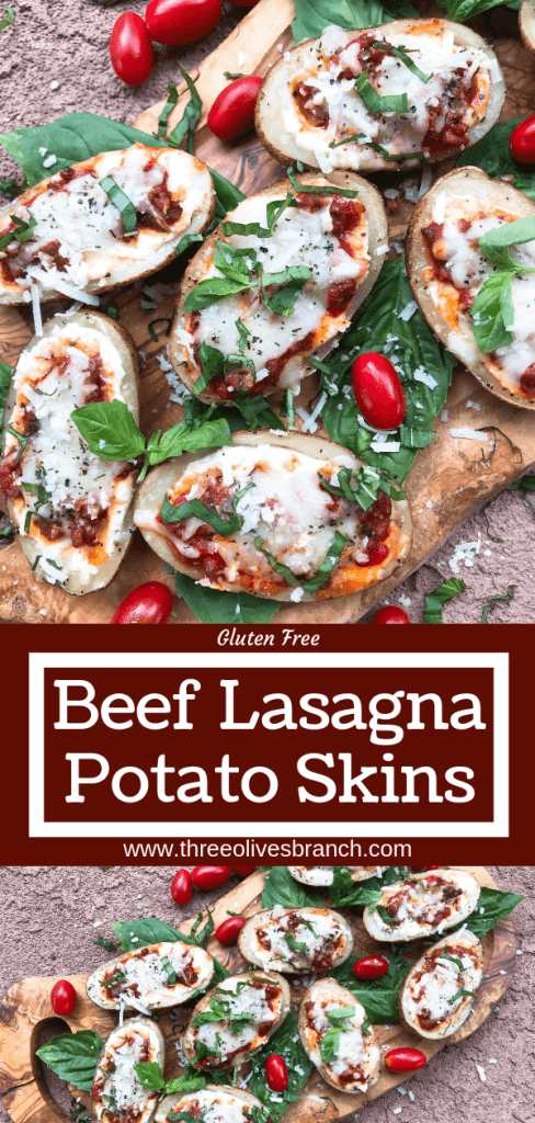 Beef lasagna potato skins recipe with ricotta, Parmesan, and mozzarella cheeses layered with marinara sauce and ground beef in a potato skin shell. Gluten free. #italianrecipe #potatoskins #beeflasagna #glutenfreerecipes