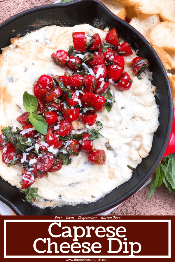 Caprese Cheese Dip is a fast and simple vegetarian Italian appetizer recipe. Three cheeses (mozzarella, cream cheese, Parmesan) are melted with seasonings and topped with fresh tomatoes, fresh basil, and balsamic vinegar. #cheesedip #caprese #italianrecipe