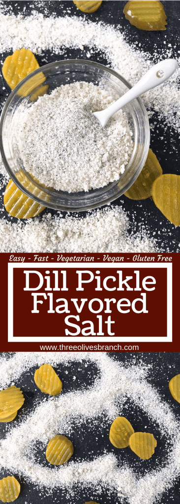 Dill Pickle Flavored Salt is a quick and easy seasoning for grilling and BBQ. Vegan, vegetarian, gluten free, and dairy free recipe. Good on chicken, pork, vegetables, and more. #flavoredsalt #seasoningsalt #pickles