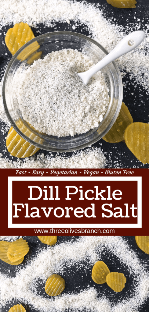 Dill Pickle Flavored Salt is a quick and easy seasoning for grilling and BBQ. Vegan, vegetarian, gluten free, and dairy free recipe. Good on chicken, pork, vegetables, and more. #flavoredsalt #seasoningsalt #pickles