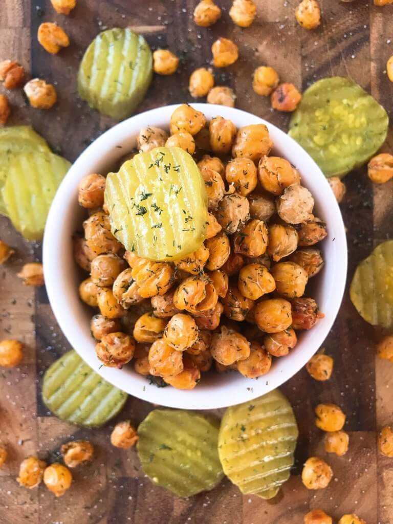A simple and easy recipe, Dill Pickle Roasted Chickpeas are a healthy appetizer or snack and perfect for game day or entertaining. Vegan, gluten free, and dairy free. Garbanzo beans are roasted with dill and pickle brine. #roastedchickpeas #veganrecipes #gamedayrecipes #healthyappetizers A simple and easy recipe, Dill Pickle Roasted Chickpeas are a healthy appetizer or snack and perfect for game day or entertaining. Vegan, gluten free, and dairy free. Garbanzo beans are roasted with dill and pickle brine. #roastedchickpeas #veganrecipes #gamedayrecipes #healthyappetizers