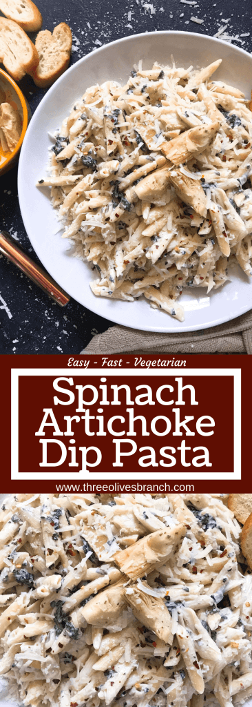 Spinach Artichoke Dip Pasta ready in less than 30 minutes. A cheesy Italian pasta recipe made with three cheeses: Parmesan, cream cheese, and Monterey Jack. Vegetarian. #spinachartichokedip #pastarecipe #italianrecipe