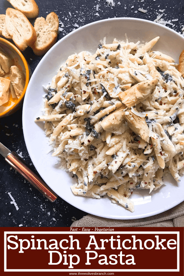 Spinach Artichoke Dip Pasta ready in less than 30 minutes. A cheesy Italian pasta recipe made with three cheeses: Parmesan, cream cheese, and Monterey Jack. Vegetarian. #spinachartichokedip #pastarecipe #italianrecipe