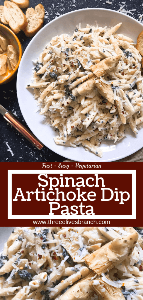 Spinach Artichoke Dip Pasta ready in less than 30 minutes. A cheesy Italian pasta recipe made with three cheeses: Parmesan, cream cheese, and Monterey Jack. Vegetarian. #spinachartichokedip #pastarecipe #italianrecipe