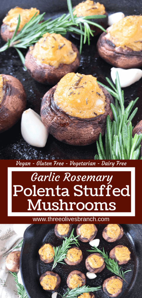 These Garlic Rosemary Polenta Stuffed Mushrooms are a simple and easy appetizer for a party or entertaining. A vegan, vegetarian, gluten free, and dairy free recipe. Leftover cornmeal polenta is a perfect filler. #stuffedmushrooms #partyappetizer #polenta