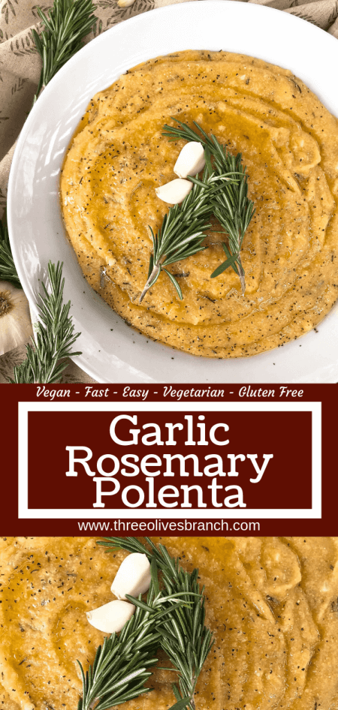 Vegan Garlic Rosemary Polenta is a fast and simple Italian side dish recipe ready in less than 30 minutes made from cornmeal. Vegan, vegetarian, gluten free, dairy free. Quick and easy recipe. #polenta #veganrecipe #veganitalian