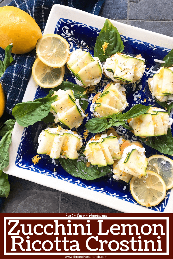 Pin image of Zucchini Lemon Ricotta Crostini on blue plate with title at bottom