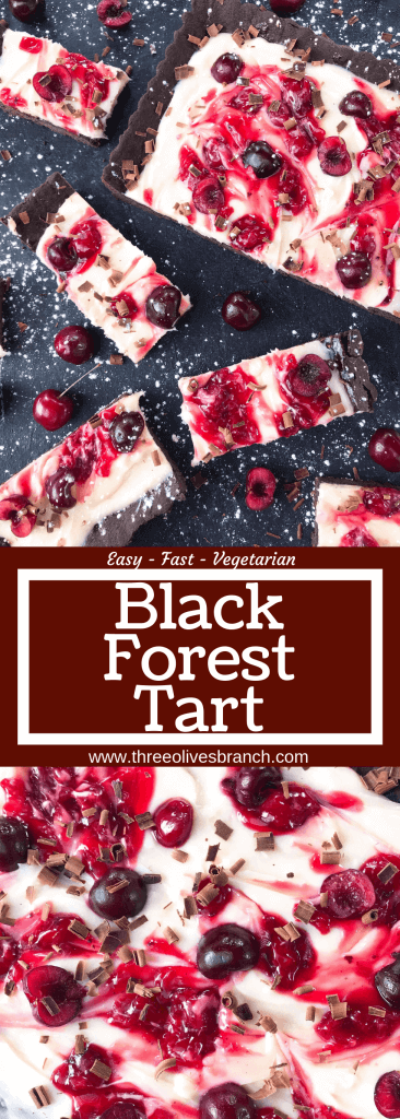 A quick and simple Black Forest Tart dessert recipe ready in 30 minutes. Chocolate, cherries, and cream are combined with a cocoa crust, cream cheese filling, and cherry pie swirl. #blackforestdesserts #tartrecipe #cherrydessert