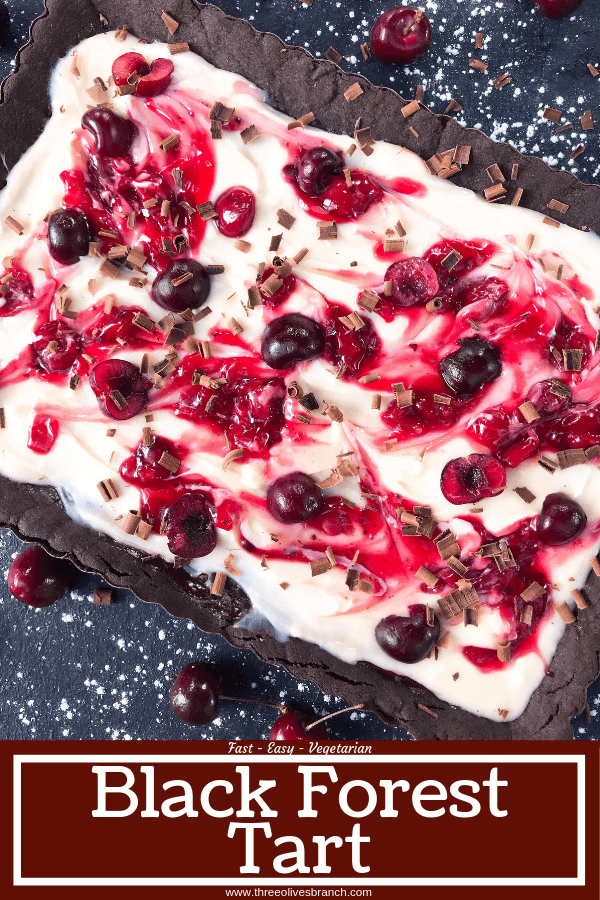 A quick and simple Black Forest Tart dessert recipe ready in 30 minutes. Chocolate, cherries, and cream are combined with a cocoa crust, cream cheese filling, and cherry pie swirl. #blackforestdesserts #tartrecipe #cherrydessert