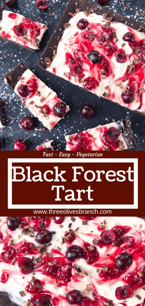 A quick and simple Black Forest Tart dessert recipe ready in 30 minutes. Chocolate, cherries, and cream are combined with a cocoa crust, cream cheese filling, and cherry pie swirl. #blackforestdesserts #tartrecipe #cherrydessert