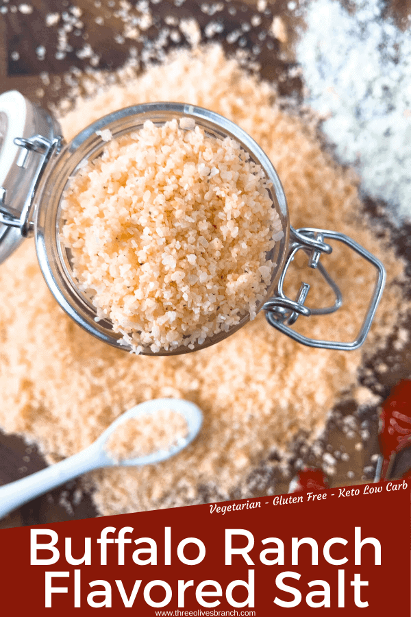 Pin image of a top view of jar of Buffalo Ranch Flavored Salt with title at bottom