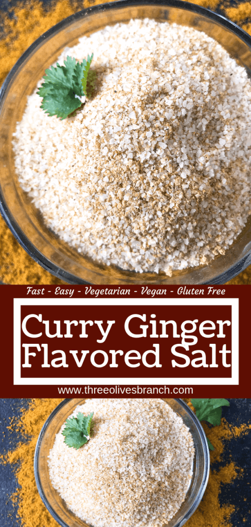 Ready in 5 minutes, Curry Ginger Flavored Salt is a great seasoning salt for a summer BBQ or grilling. Make a batch as a Father's Day gift. Great on chicken, pork, and vegetables. Vegan, vegetarian, gluten free, dairy free. #grillingrecipes #curryrecipes #flavoredsalt