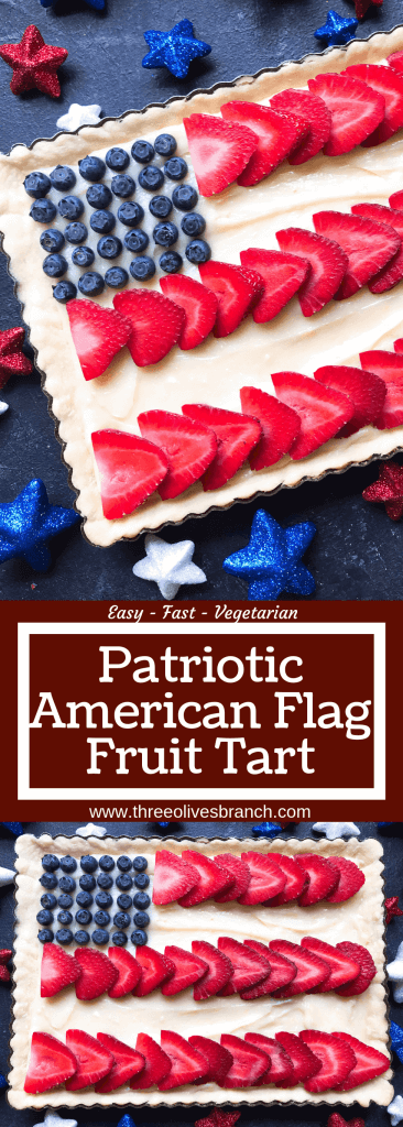 A quick and simple red, white, and blue dessert ready in 30 minutes. Patriotic American Flag Fruit Tart is a lemon cream cheese tart with fresh strawberries and blueberries. Great recipe for Labor Day, Memorial Day, and 4th of July BBQ or cookout. #americanrecipes #redwhitebluerecipes #redwhitebluedessert #fruittart