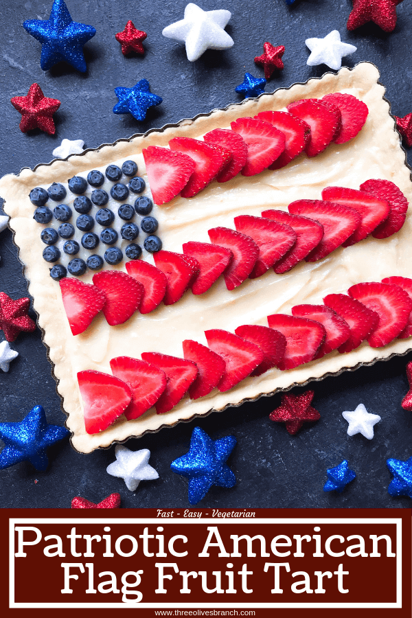 A quick and simple red, white, and blue dessert ready in 30 minutes. Patriotic American Flag Fruit Tart is a lemon cream cheese tart with fresh strawberries and blueberries. Great recipe for Labor Day, Memorial Day, and 4th of July BBQ or cookout. #americanrecipes #redwhitebluerecipes #redwhitebluedessert #fruittart