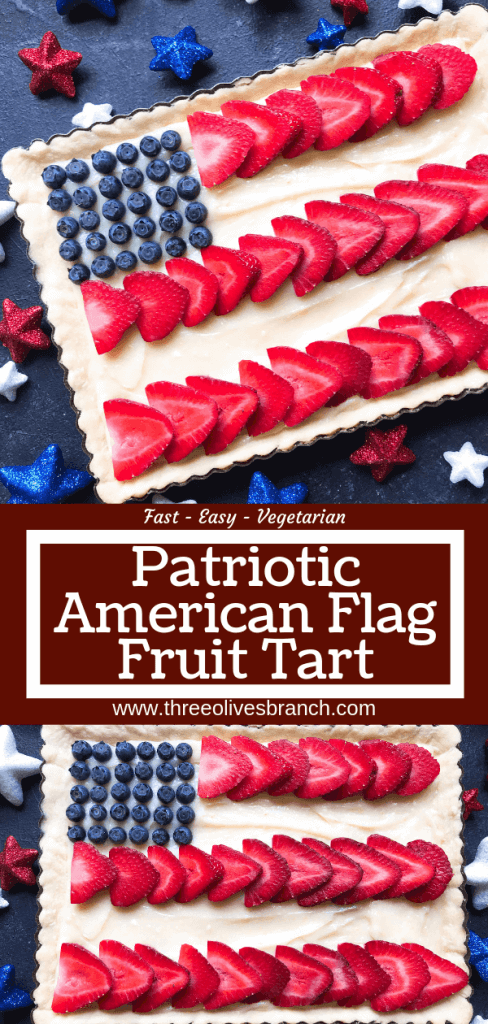 A quick and simple red, white, and blue dessert ready in 30 minutes. Patriotic American Flag Fruit Tart is a lemon cream cheese tart with fresh strawberries and blueberries. Great recipe for Labor Day, Memorial Day, and 4th of July BBQ or cookout. #americanrecipes #redwhitebluerecipes #redwhitebluedessert #fruittart