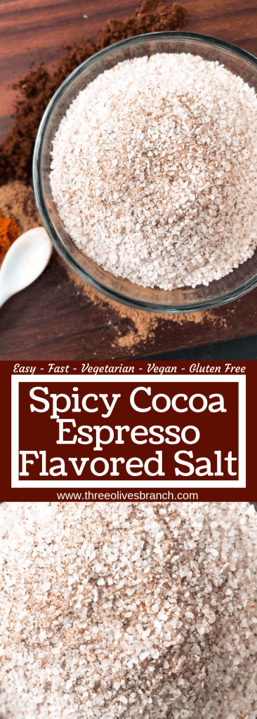 Spicy Cocoa Espresso Flavored Salt is a fast and easy seasoning, great for summer grilling and BBQ. Make a batch as a gift for Father's Day. Great on steak, beef, pork, and vegetables. Vegan, vegetarian, gluten free, dairy free. #flavoredsalt #grillingrecipes #seasoning