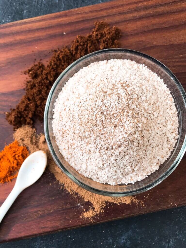 Spicy Cocoa Espresso Flavored Salt is a fast and easy seasoning, great for summer grilling and BBQ. Make a batch as a gift for Father's Day. Great on steak, beef, pork, and vegetables. Vegan, vegetarian, gluten free, dairy free. #flavoredsalt #grillingrecipes #seasoning