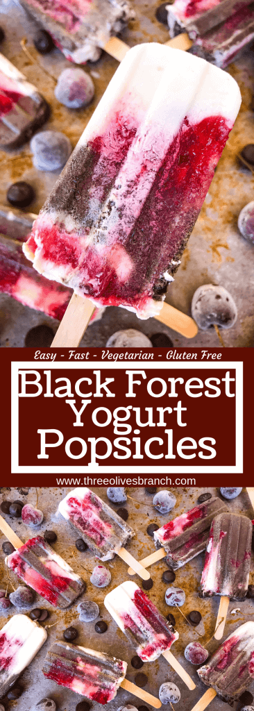 Black Forest Yogurt Popsicles are a simple and quick frozen dessert treat perfect for summer. Greek yogurt, cocoa chocolate yogurt, and cherry pie filling are layered for a healthy dessert. Vegetarian. #blackforest #cherrychocolate #popsicles