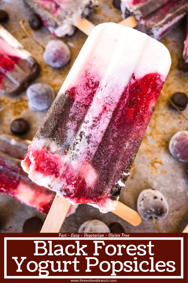 Black Forest Yogurt Popsicles are a simple and quick frozen dessert treat perfect for summer. Greek yogurt, cocoa chocolate yogurt, and cherry pie filling are layered for a healthy dessert. Vegetarian. #blackforest #cherrychocolate #popsicles