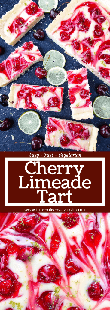 This fast and easy Cherry Limeade Tart is a perfect summer dessert recipe. A soft lime crust is filled with lime cream cheese filling and cherry pie swirls. #cherrylimeade #summerdessert #cherrydessert #tart