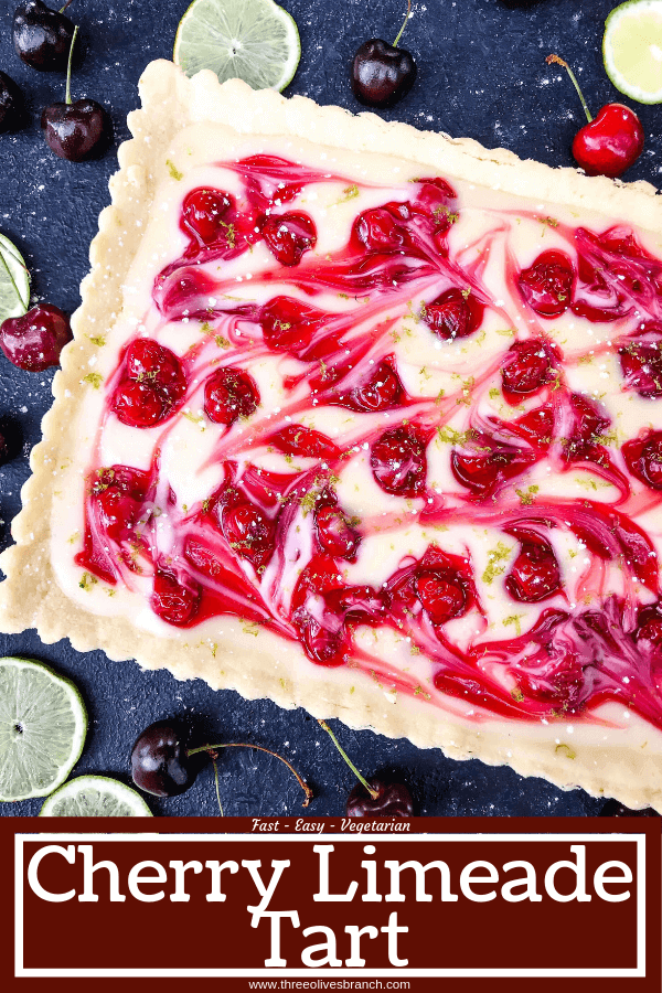 This fast and easy Cherry Limeade Tart is a perfect summer dessert recipe. A soft lime crust is filled with lime cream cheese filling and cherry pie swirls. #cherrylimeade #summerdessert #cherrydessert #tart