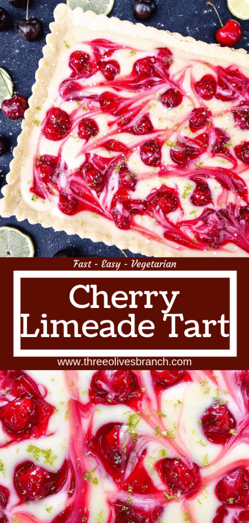 This fast and easy Cherry Limeade Tart is a perfect summer dessert recipe. A soft lime crust is filled with lime cream cheese filling and cherry pie swirls. #cherrylimeade #summerdessert #cherrydessert #tart