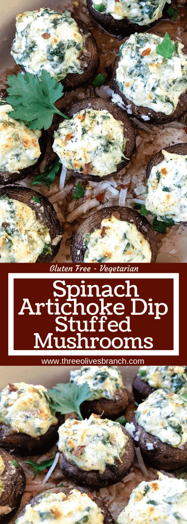 Fast and easy appetizer recipe for party entertaining finger food and game day. Gluten free, low carb keto, and vegetarian, these Spinach Artichoke Dip Stuffed Mushrooms are filled with cheese, spinach, and artichoke hearts. #stuffedmushrooms #glutenfreerecipes #spinachartichokedip